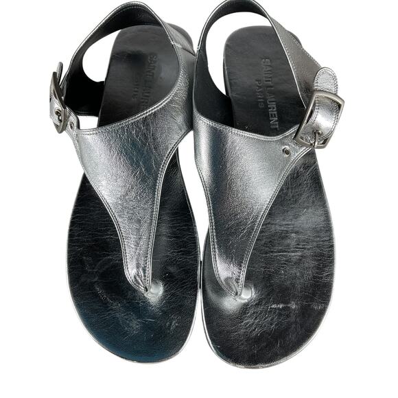 Saint Laurent Ankle Strap Silver Leather Flat Sandals - Picture 5 of 11